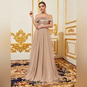 Faeriesty Sequin Bodice Tulle Prom Dress Off Shoulder‎ Formal Gown Evening Party